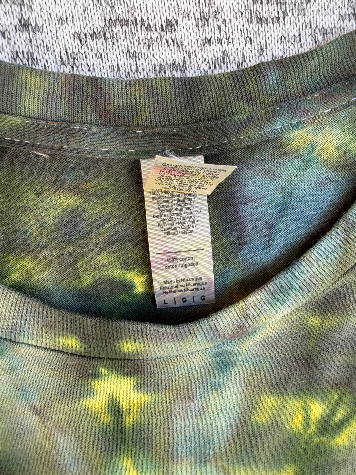 MHD Dark Green Yellow Blue Spiral Ice Dye Tie Dye Short Sleeve Shirt 100% Cotton Size Large