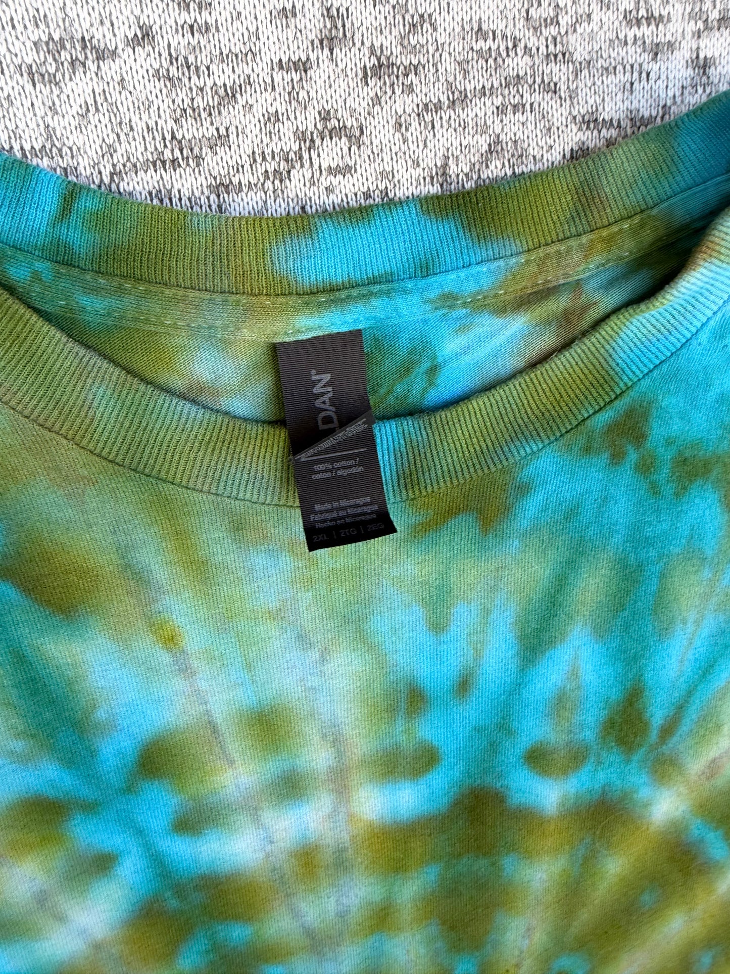 MHD Olive Green Teal Bright Blue Spiral Ice Dye Tie Dye Short Sleeve Shirt 100% Cotton Size XXL