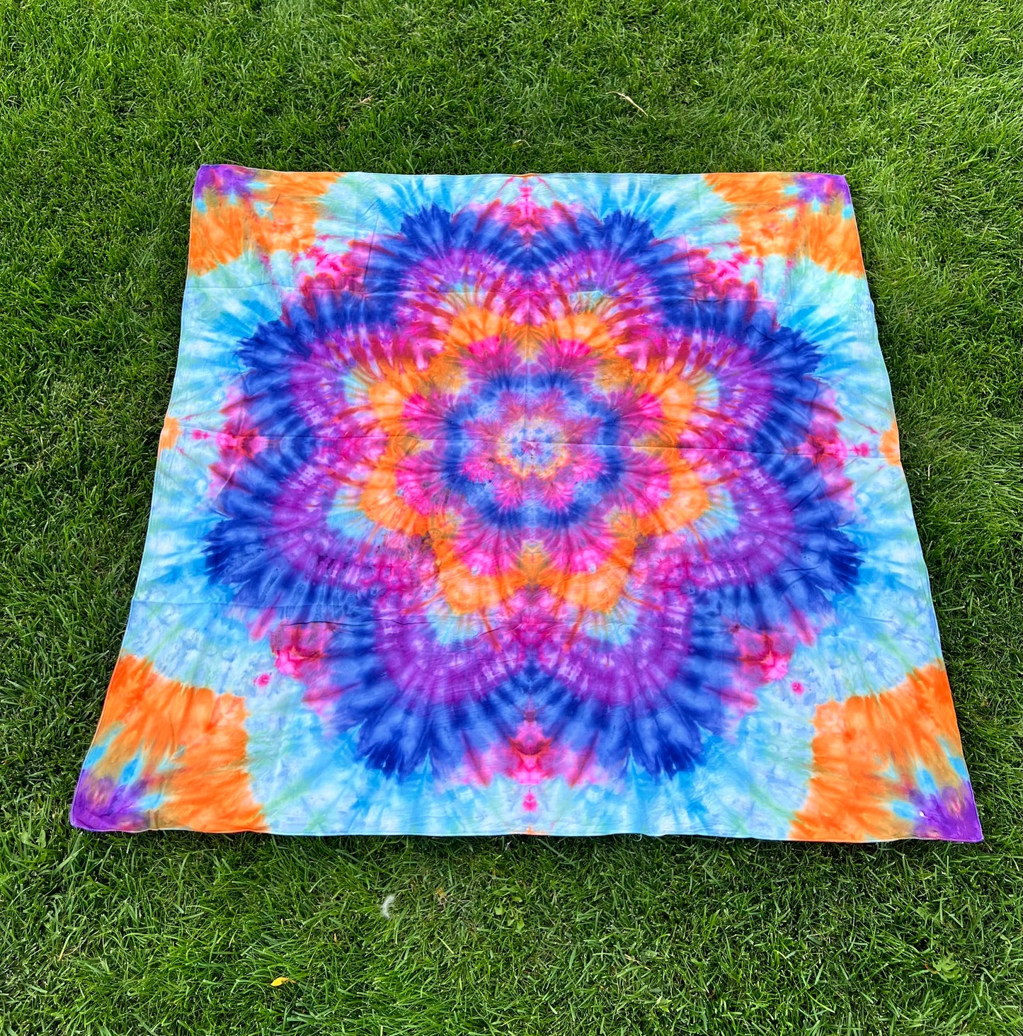 MHD Tie Dye Ice Dye Mandala Blue Orange Purple Pink Light Blue Tapestry Psychedelic Wall Hanging Festival Concert Tarp 100% Cotton 59" x 59"