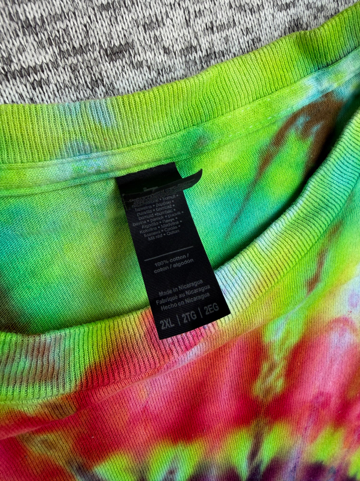 MHD Lime Green Orange Pink Purple Spiral Ice Dye Tie Dye Short Sleeve Shirt 100% Cotton Size XXL