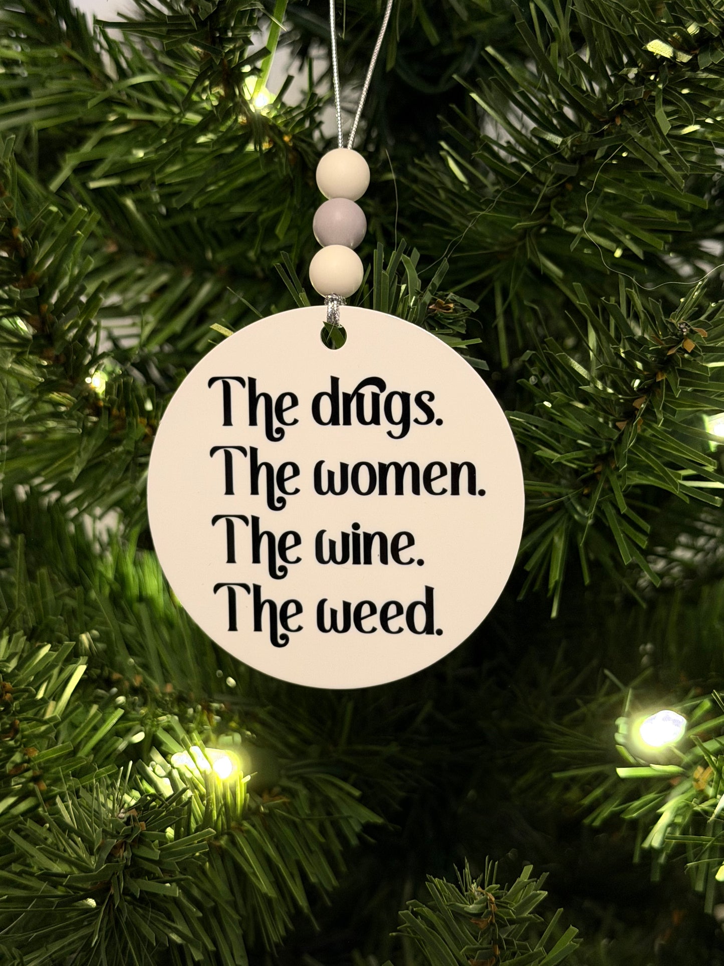 Mt. Joy The Drugs The Women The Wine The Weed Silver Lining Black White Metal Holiday Christmas Ornament with Beads with Gift Box 2 Sizes: 2.75" x 2.75" or 3.5" x 3.5"