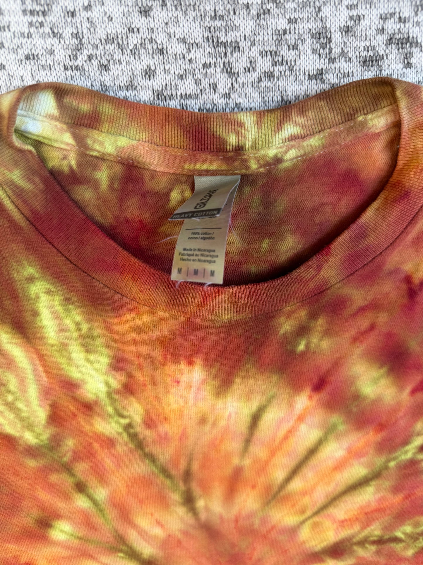 MHD Burnt Orange Yellow Olive Green Spiral Ice Dye Tie Dye Short Sleeve Shirt 100% Cotton Size Medium