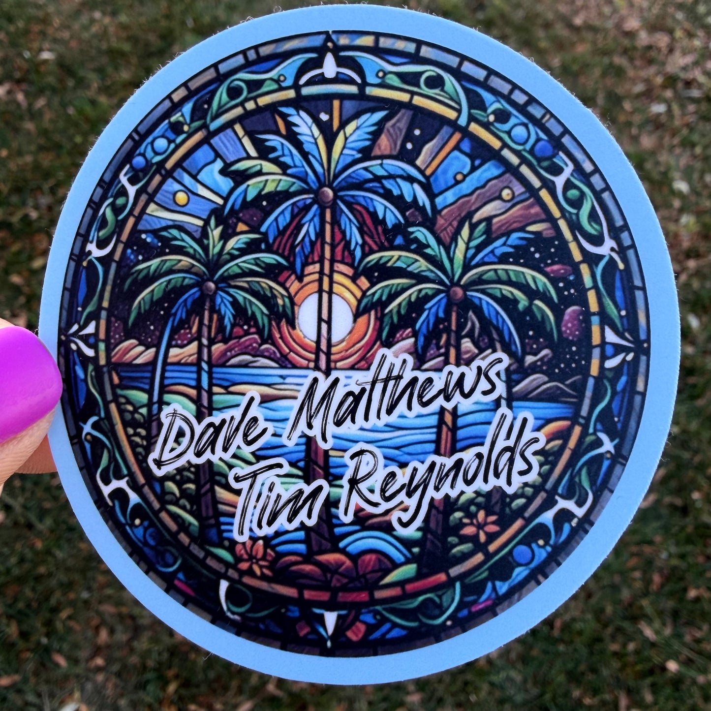 Dave Matthews Tim Reynolds Blue Green Stained Glass Palm Trees Ocean Sunset Mexico 2026 Vinyl Sticker Slap 3" x 3" Matte Finish