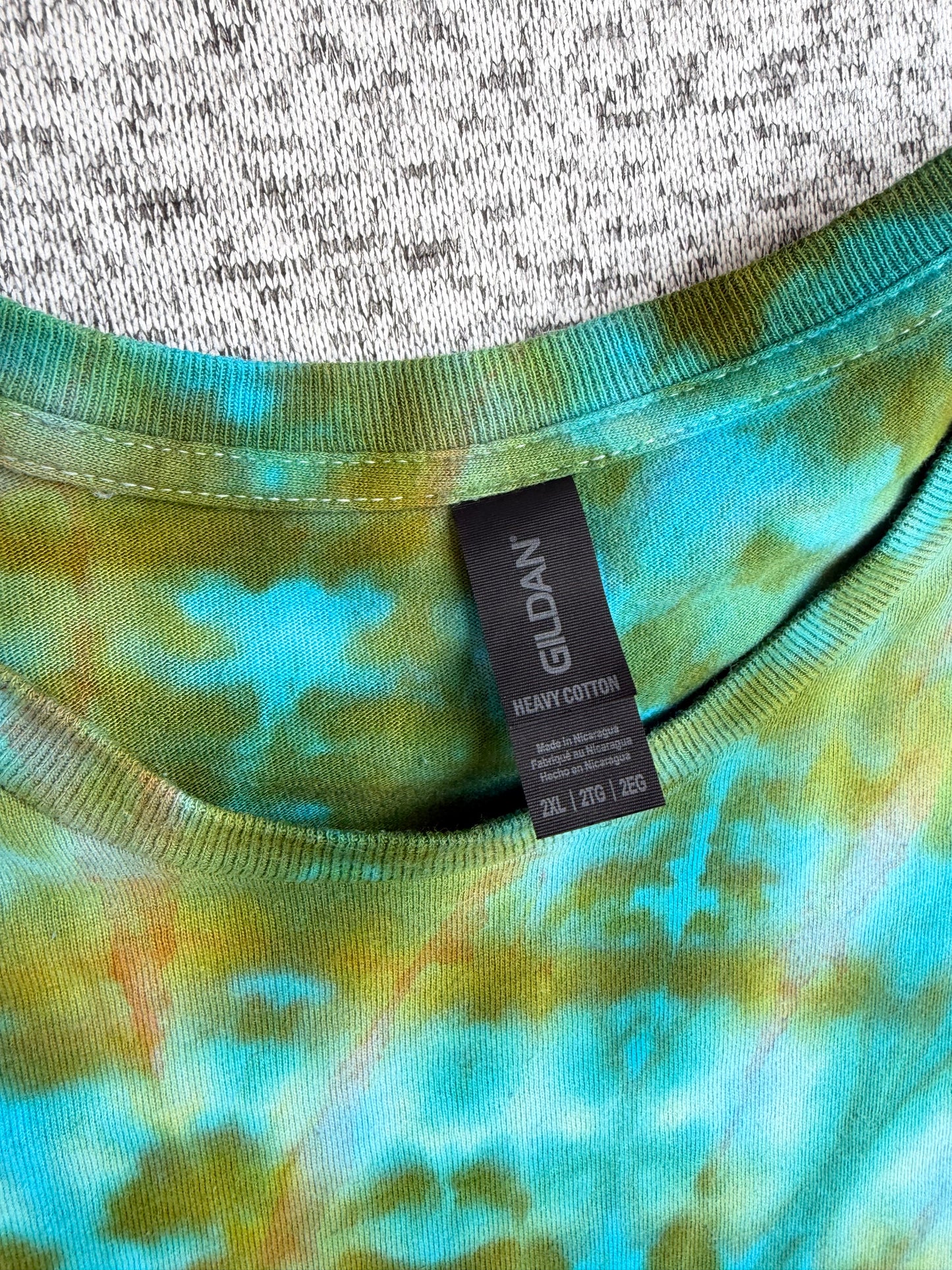 MHD Olive Green Bright Blue Spiral Ice Dye Tie Dye Short Sleeve Shirt 100% Cotton Size XXL