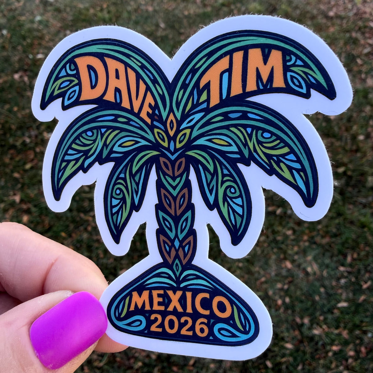 Dave & Tim Mexico 2026 Green Brown Yellow Palm Tree Heart Vinyl Sticker Slap 3" x 2.9" Matte Finish