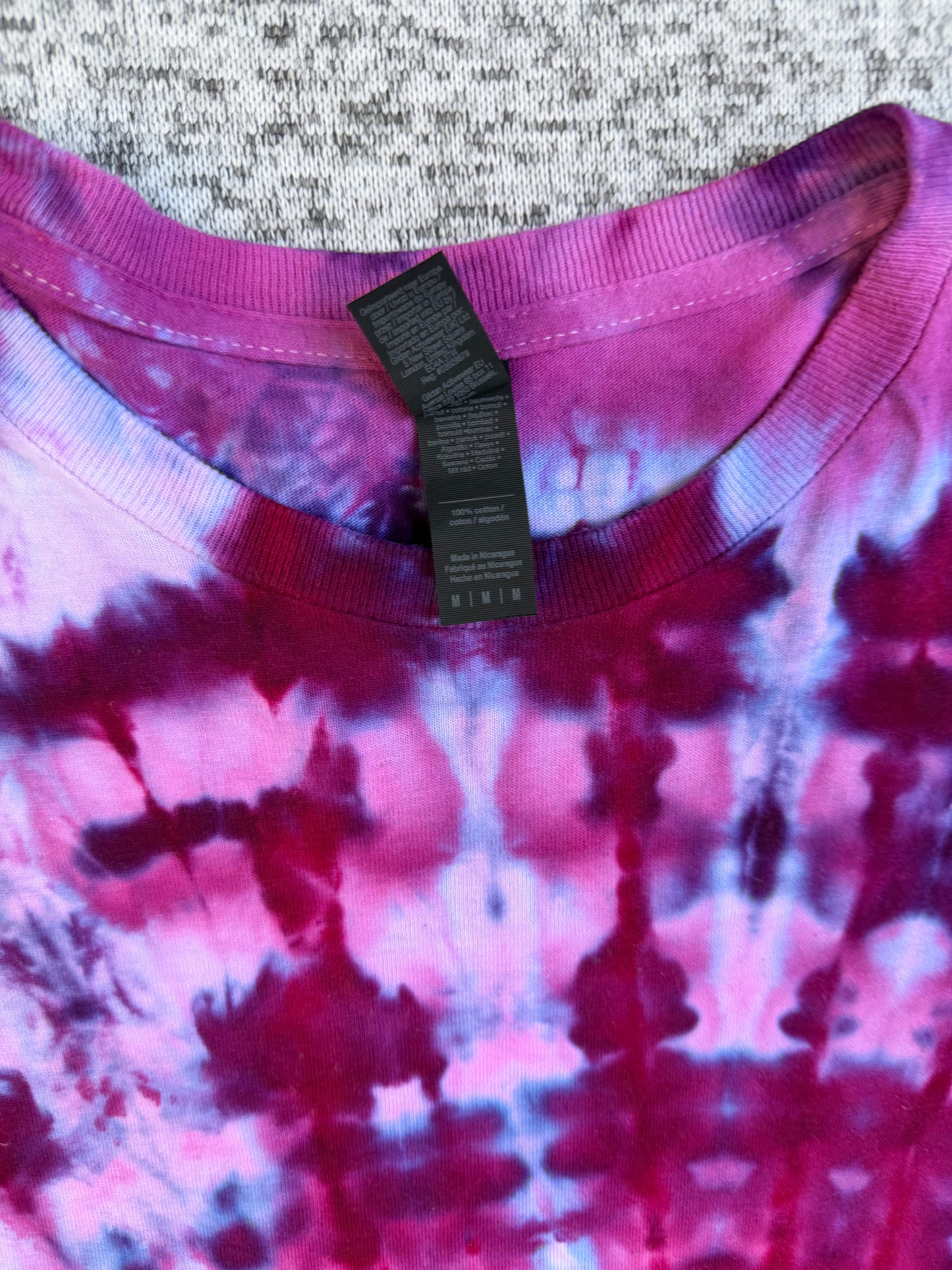 MHD Dark Pink Purple Light Blue Spiral Ice Dye Tie Dye Short Sleeve Shirt 100% Cotton Size Medium