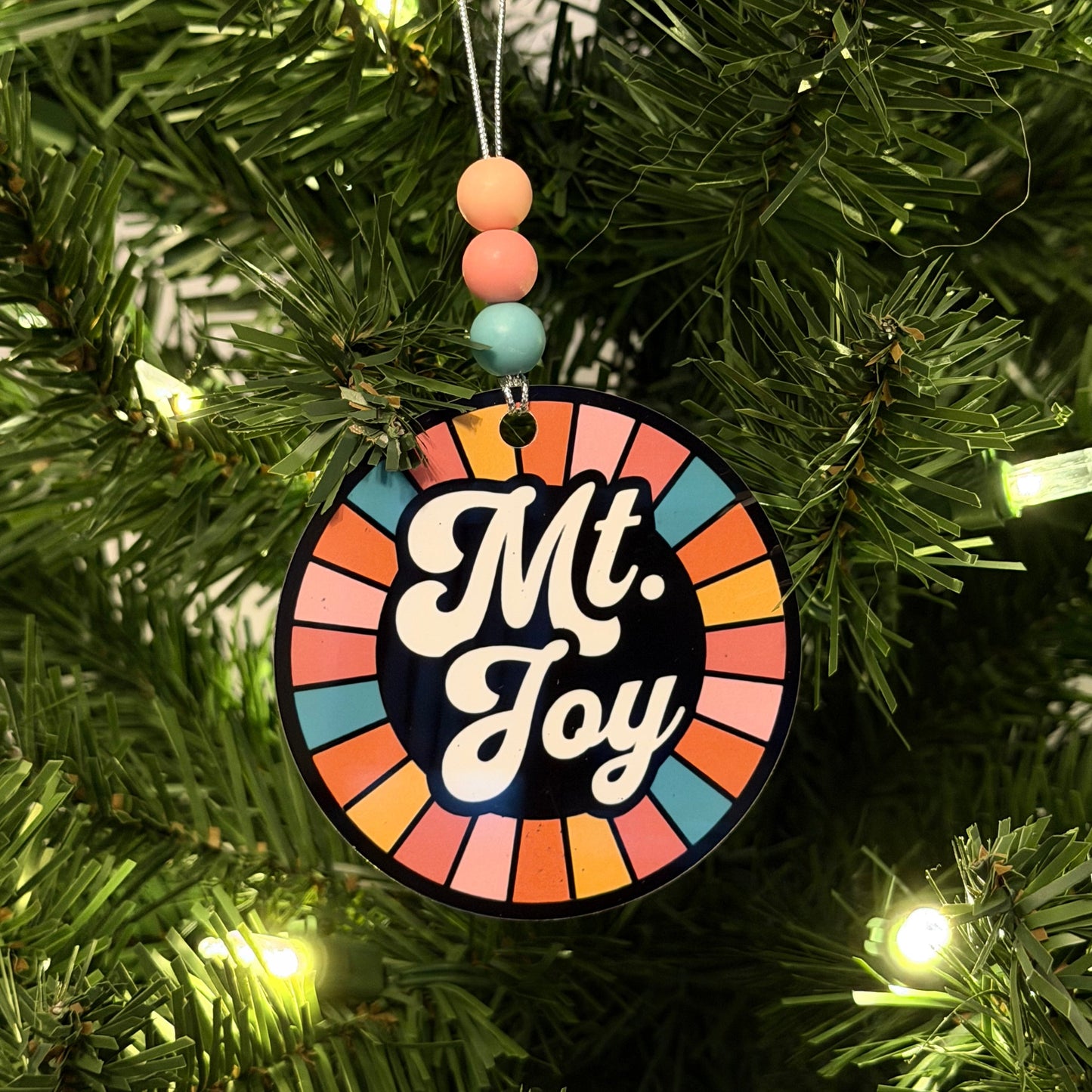 Mt. Joy Pink Orange Yellow Teal White Black Retro Circle Metal Holiday Christmas Ornament with Beads with Gift Box 2 Sizes: 2.75" x 2.75" or 3.5" x 3.5"