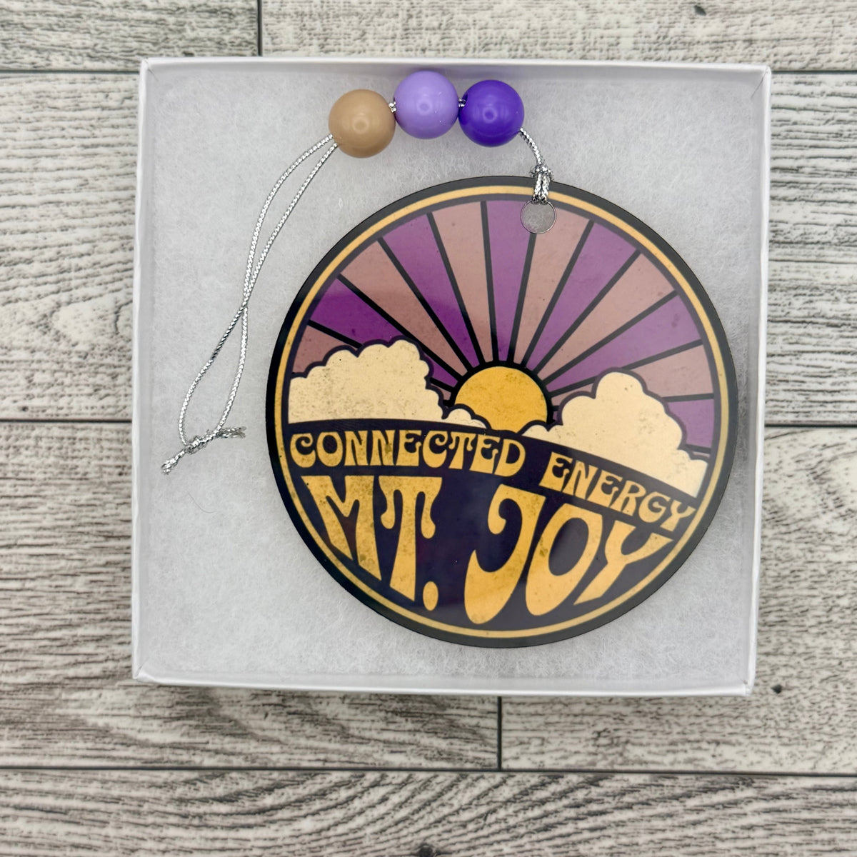 Mt. Joy Connected Energy Purple Yellow Sunshine Clouds Metal Holiday Christmas Ornament with Beads with Gift Box 2 Sizes: 2.75" x 2.75" or 3.5" x 3.5"