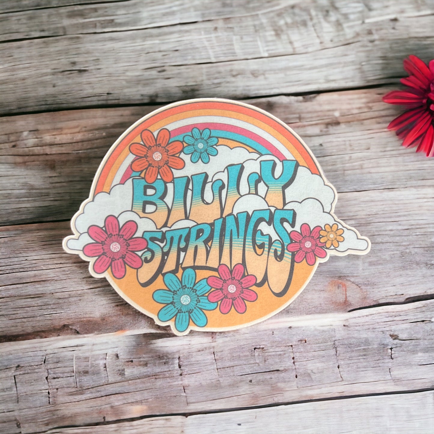 Billy Strings BMFS Orange Yellow Pink Blue Rainbow Clouds Daisy Sticker Slap Matte Finish 2.6" x 3.3"