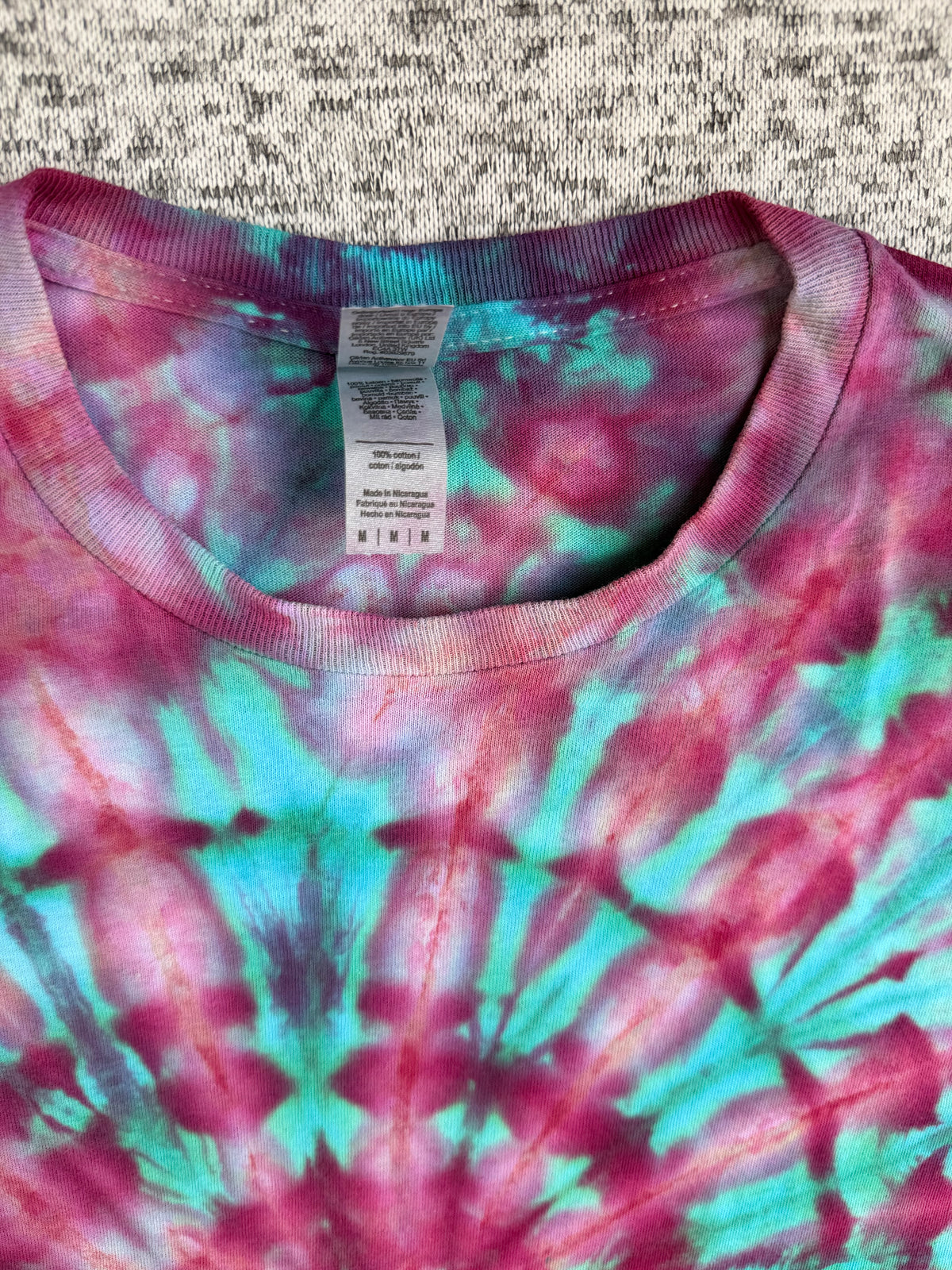 MHD Pink Purple Teal Spiral Ice Dye Tie Dye Short Sleeve Shirt 100% Cotton Size Medium