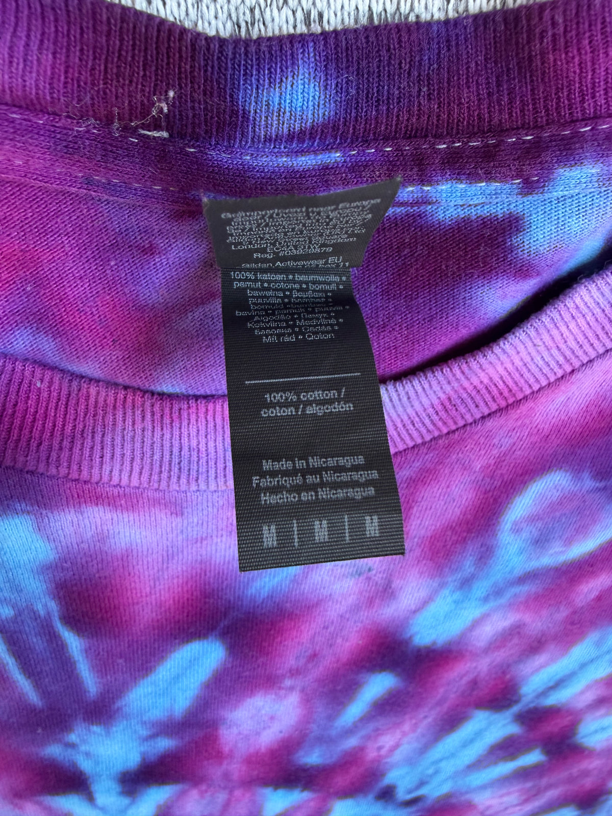 MHD Dark Purple Bright Blue Lavender Spiral Ice Dye Tie Dye Short Sleeve Shirt 100% Cotton Size Medium