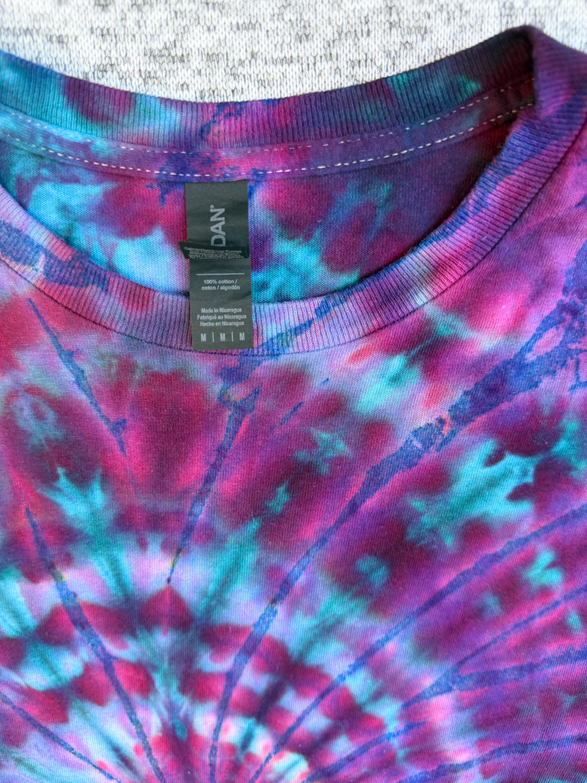 MHD Purple Navy Blue Teal Spiral Ice Dye Tie Dye Short Sleeve Shirt 100% Cotton Size Medium