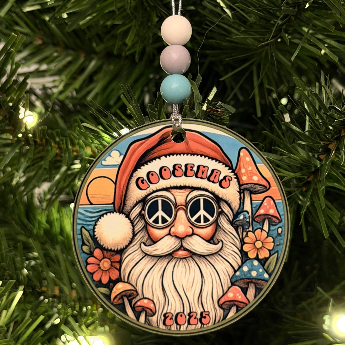 Goose Goosemas Hippie Santa Peace Sign Sunglasses Mushrooms Flowers Ocean Waves Metal Holiday Christmas Ornament with Beads with Gift Box 2 Sizes: 2.75" x 2.75" or 3.5" x 3.5"