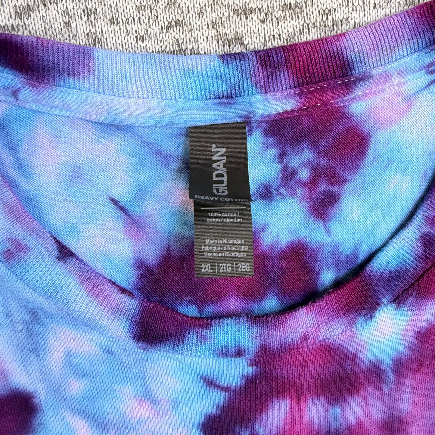 MHD Dark Purple Bright Blue Lavender Spiral Ice Dye Tie Dye Short Sleeve Shirt 100% Cotton Size XXL