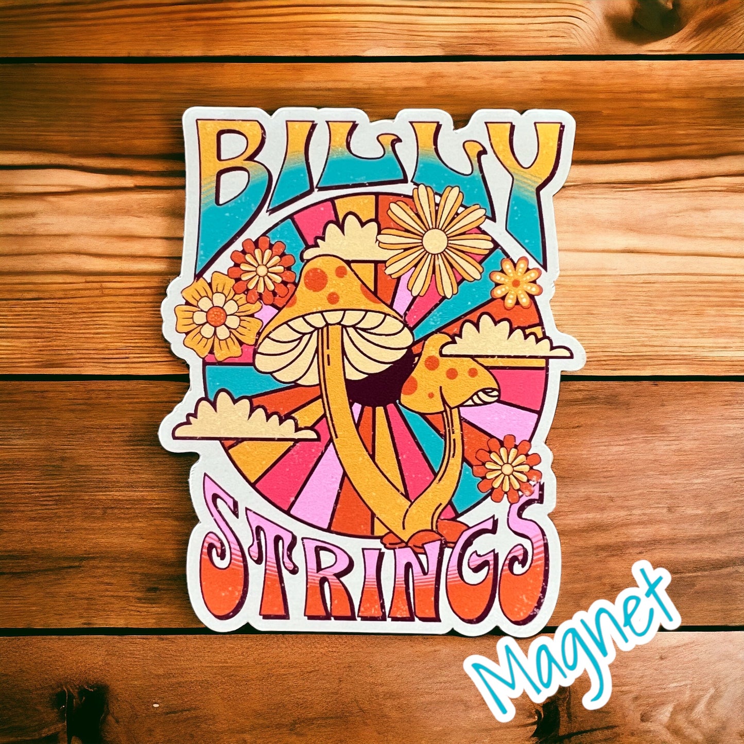 Billy Strings BMFS Orange Mushrooms Flowers Rainbow Retro Magnet 3" x 2.4"