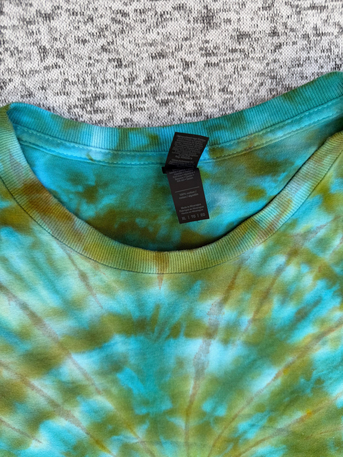 MHD Olive Green Brown Bright Blue Teal Spiral Ice Dye Tie Dye Short Sleeve Shirt 100% Cotton Size XL