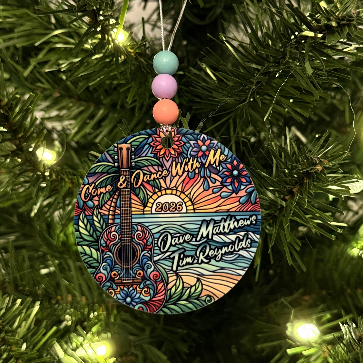 Dave Matthews Tim Reynolds Mexico 2026 Come & Dance With Me Purple Pink Blue Guitar Ocean Sunset Metal Holiday Christmas Ornament with Beads with Gift Box 2 Sizes: 2.75" x 2.75" or 3.5" x 3.5"