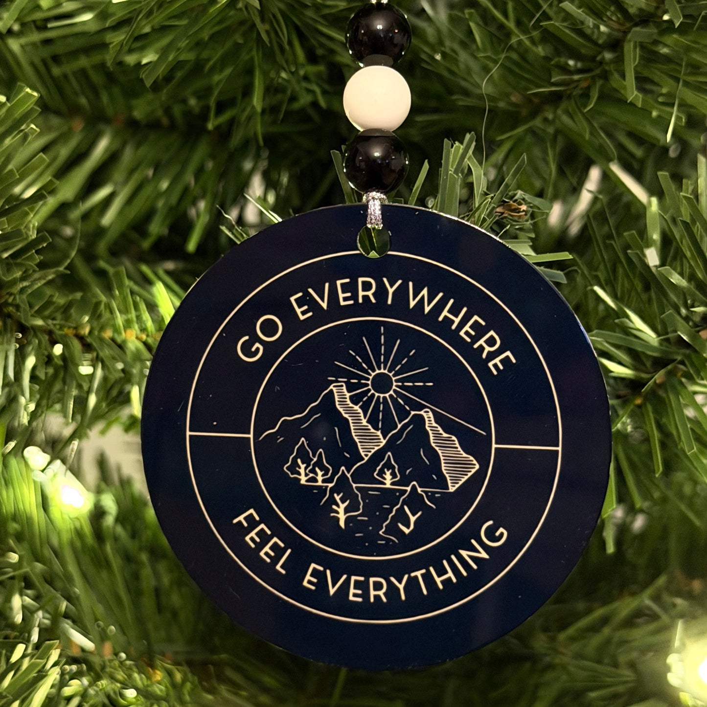 Goose Go Everywhere Feel Everything Mountains Trees Black Cream Metal Holiday Christmas Ornament with Beads with Gift Box 2 Sizes: 2.75" x 2.75" or 3.5" x 3.5"