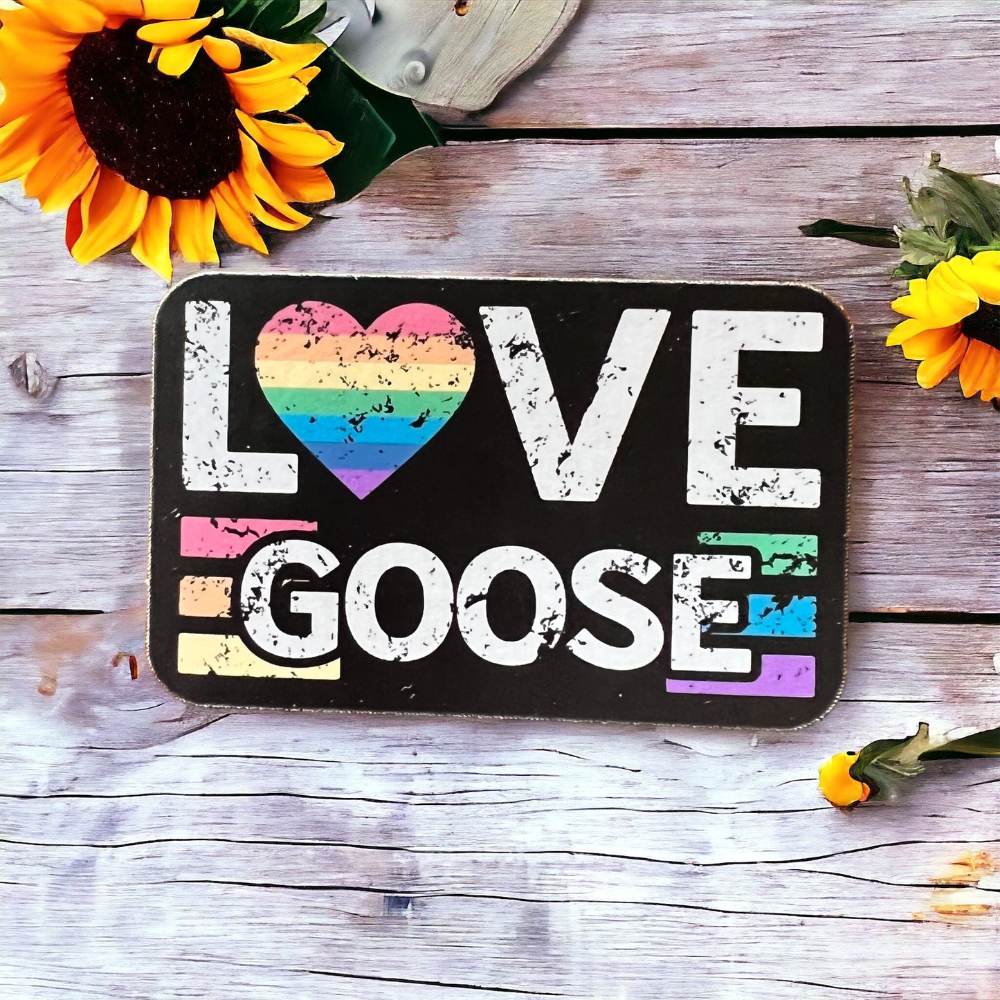 LOVE Goose Rainbow Heart Distressed Look Vinyl Sticker Slap 1.9" x 3" Matte Finish
