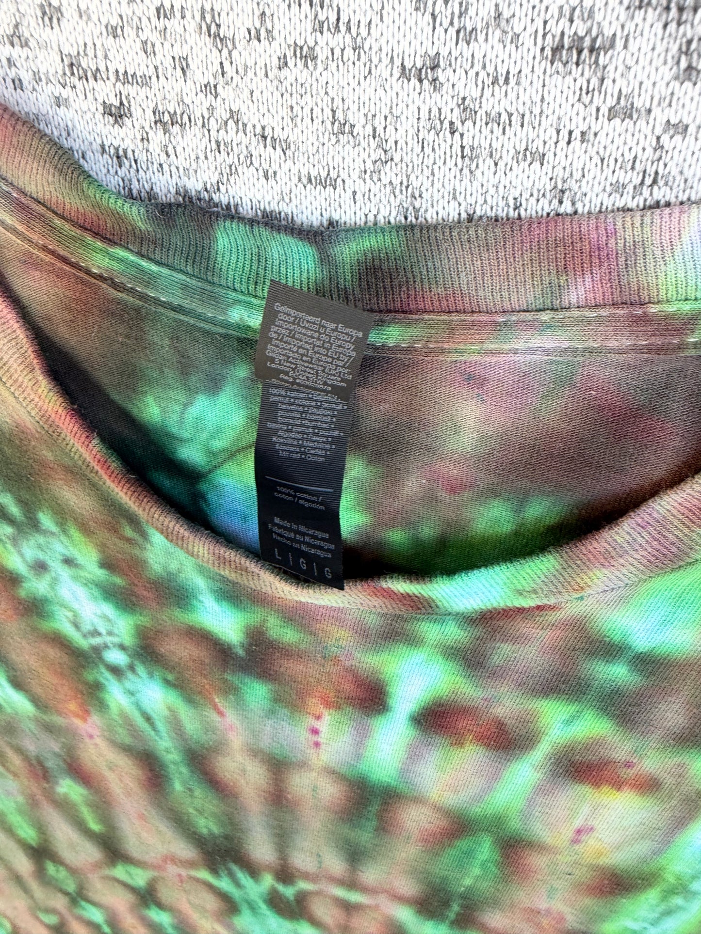 MHD Dark Green Purple Light Green Spiral Ice Dye Tie Dye Short Sleeve Shirt 100% Cotton Size Large
