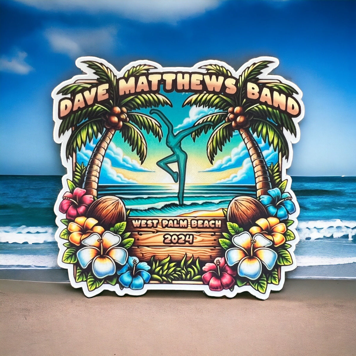 West Palm Beach 2024 Green Palm Trees Red Yellow Blue Hibiscus Flowers Vinyl Sticker Slap 2.9" x 3” Matte Finish