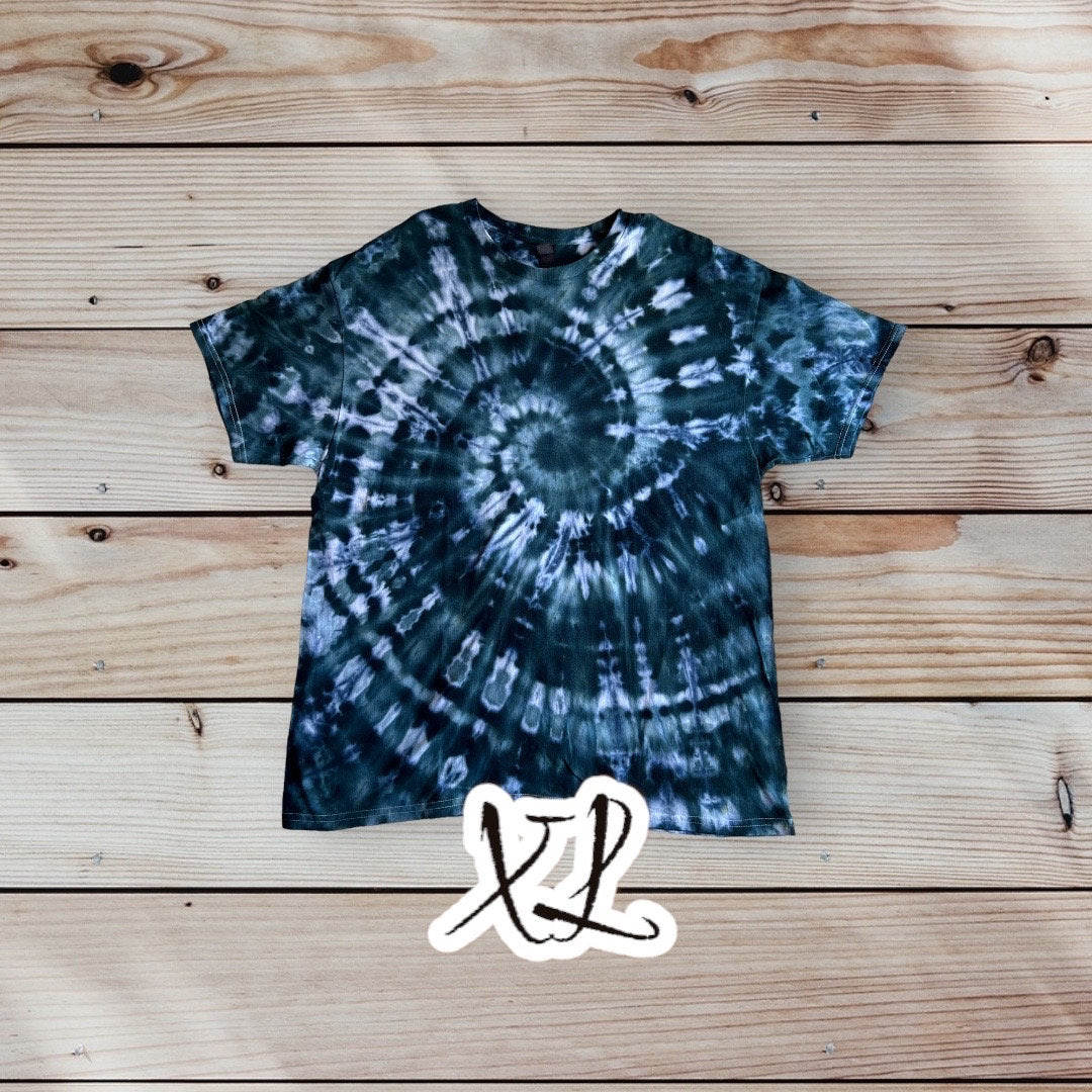 Dark Blue Dark Green White Spiral Ice Dye Tie Dye | Short Sleeve Shirt | 100% Cotton | Size XL