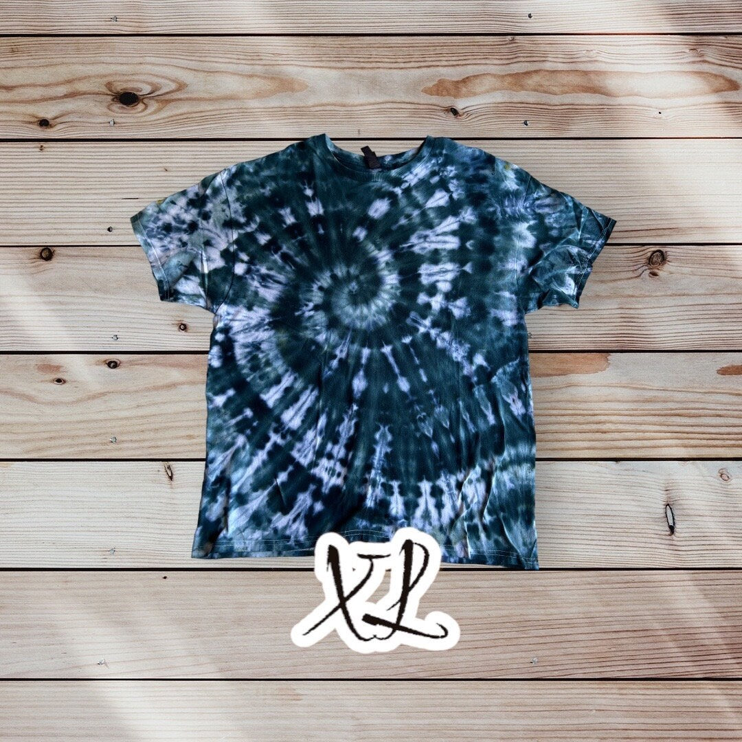 Dark Green Dark Blue Spiral Ice Dye Tie Dye | Short Sleeve Shirt | 100% Cotton | Size XL