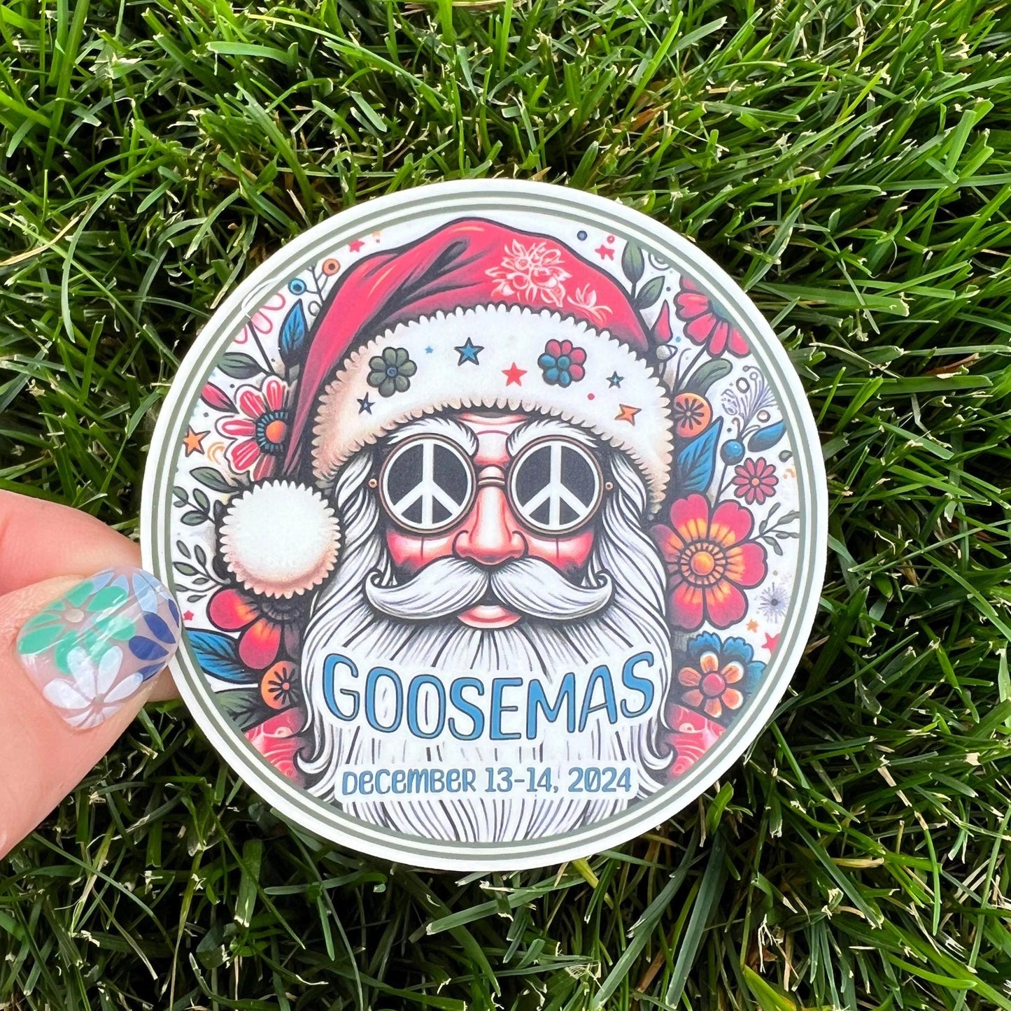 Goose Goosemas 2024 Santa Peace Sign Sunglasses Flowers Vinyl Sticker Slap 3" x 3" Matte Finish