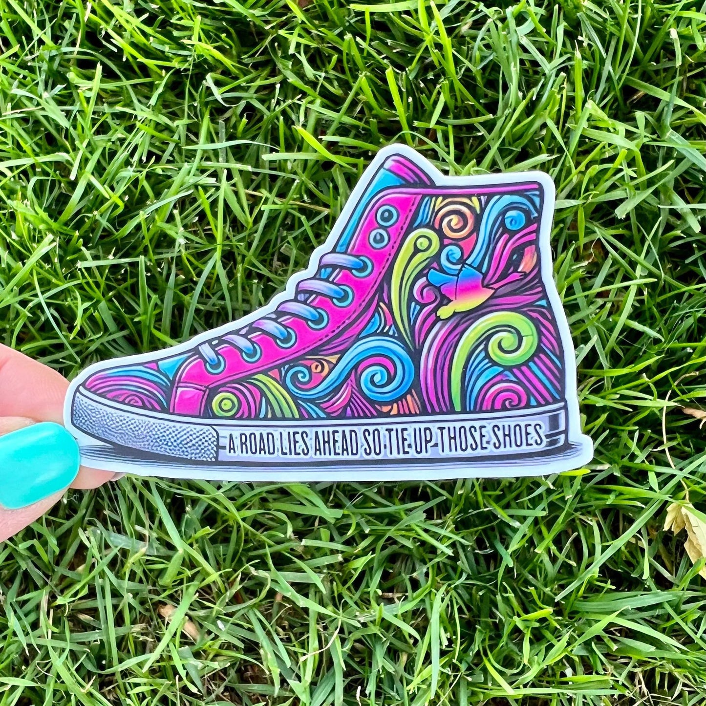 Goose Tumble A Road Lies Ahead So Tie Up Those Shoes Purple Pink Blue Green Vinyl Sticker Slap 2" x 3.3" Matte Finish