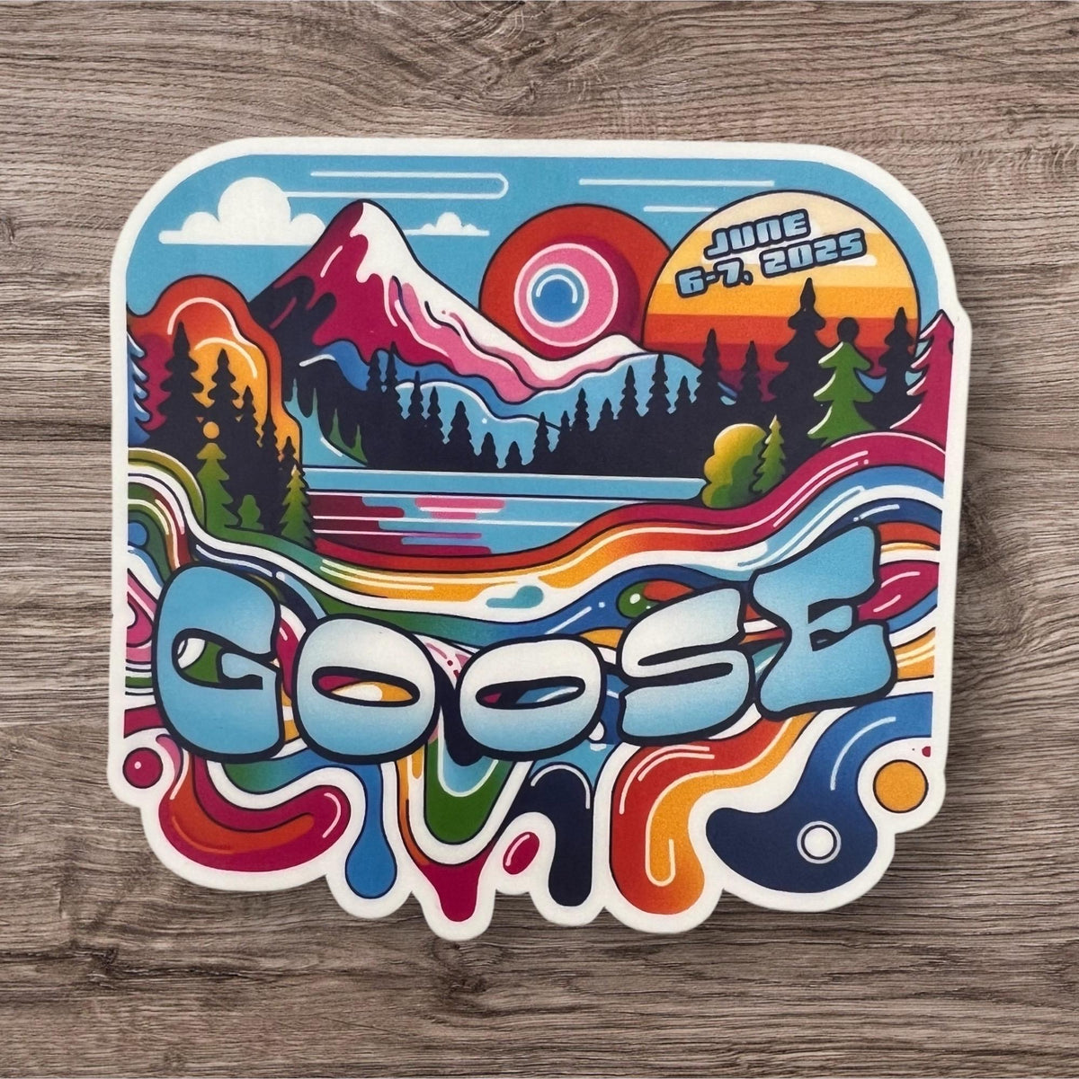 Goose Colorado Mountains Pink Purple Blue Yellow Green Sunset Trees Fiddlers June 6-7, 2025 Shows Vinyl Sticker Slap 3" x 3.2" Matte Finish