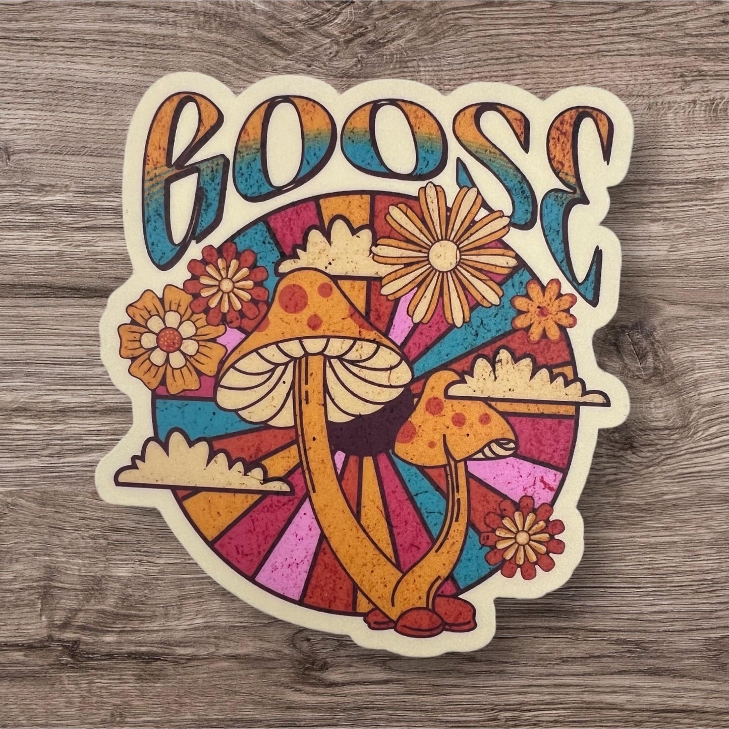 Goose Pink Orange Teal Flowers Clouds Mushrooms Retro Vinyl Sticker Slap 3" x 2.8" Matte Finish