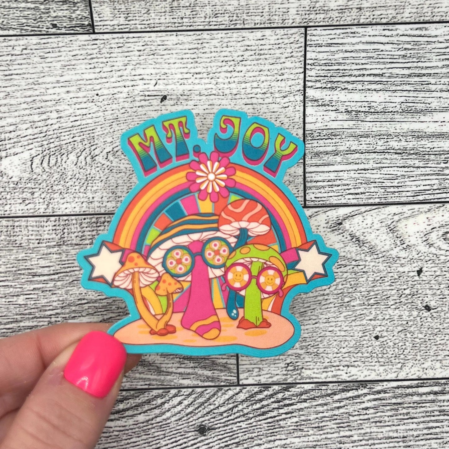 Mt. Joy Hippie Rainbow Mushrooms Retro Psychedelic Blue Green Pink Vinyl Sticker Slap 2.8" x 3.0" Matte Finish
