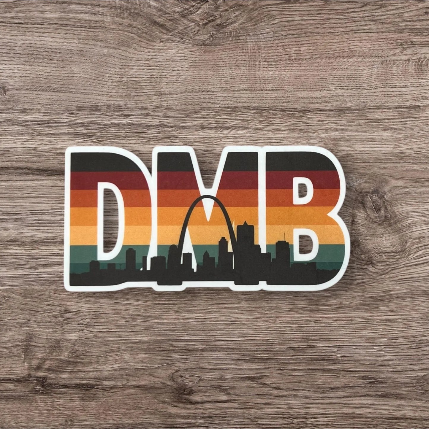DMB Retro Brown Dark Red Orange Yellow Gold Green St. Louis Missouri Skyline Arch Vinyl Sticker Slap 1.7" x 3.3" Matte Finish