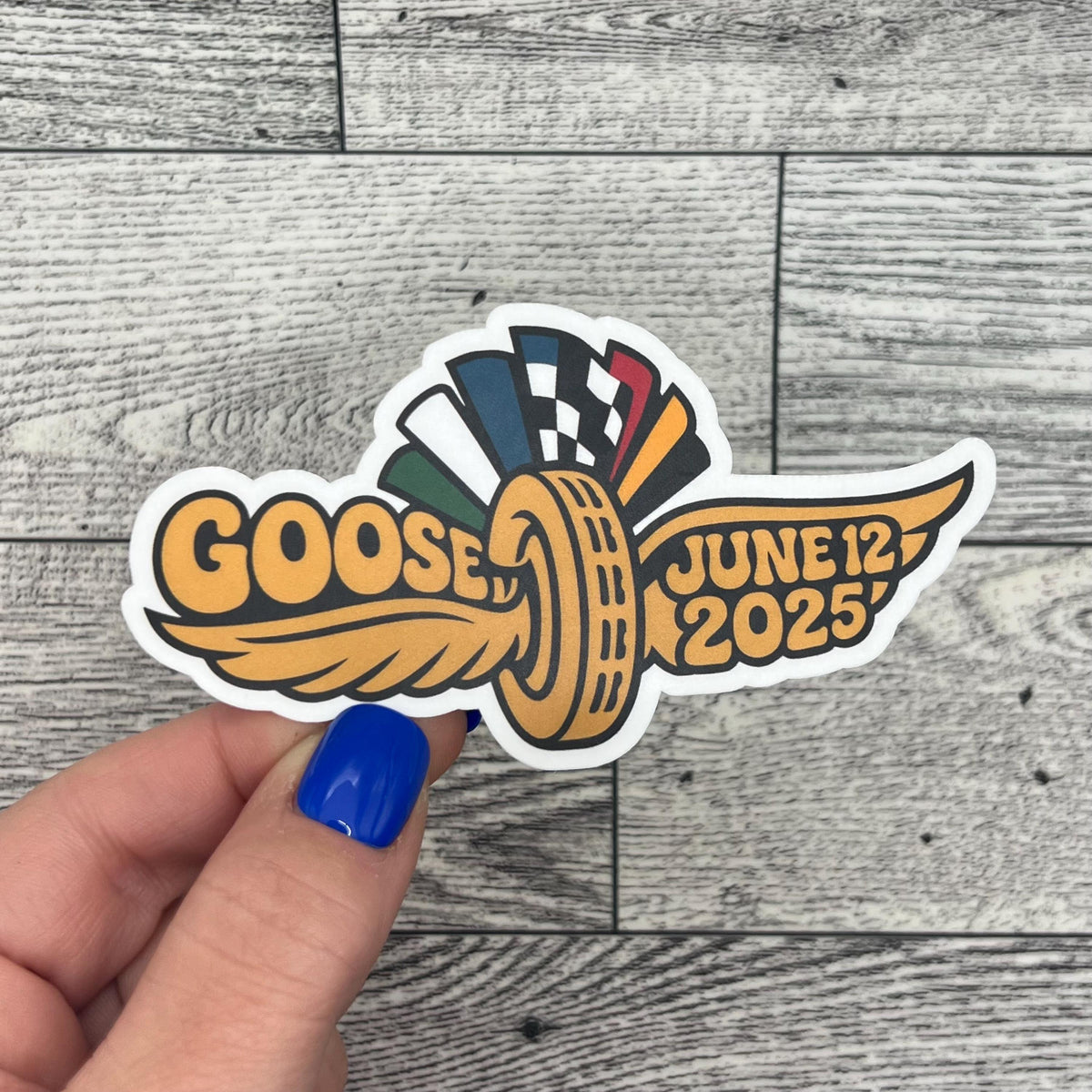 Goose Indiana June 12, 2025 Gold Motor Speedway Wings Flags Summer Tour Vinyl Sticker Slap Matte Finish 2.1" x 3.9"