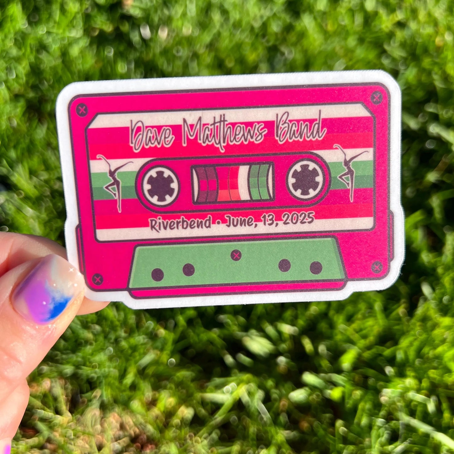 DMB Riverbend Ohio June 13, 2025 Retro Cassette Tape Blue Purple Pink Green Vinyl Sticker Slap 2.2 x 3.3” Matte Finish