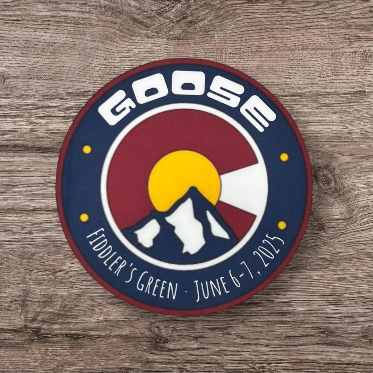Goose Blue Mountains Red Yellow Colorado Fiddler’s Green Summer Tour June 6-7, 2025 Vinyl Sticker Slap 3" x 3" Matte Finish