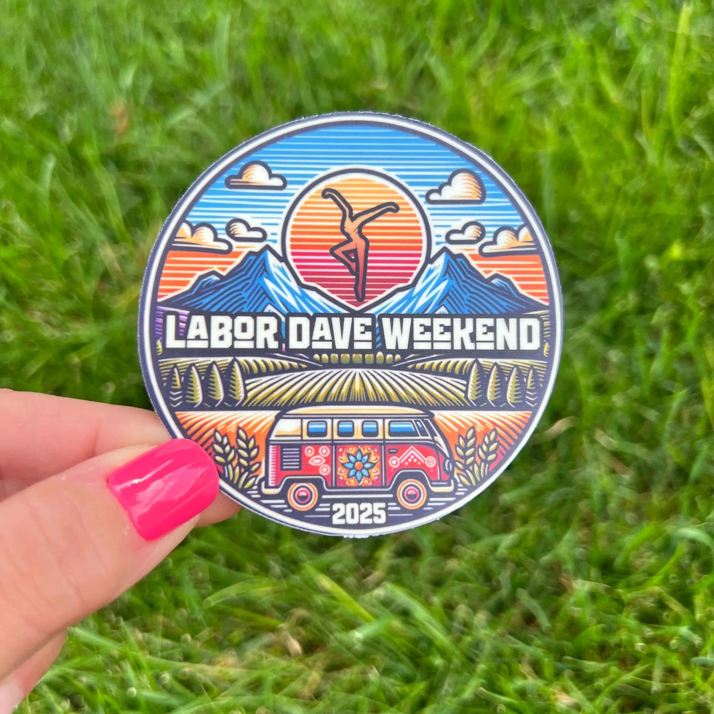Labor Dave Weekend the Gorge 2025 Hippie Van Camper Blue Mountains Yellow Orange Red Sunset Vinyl Sticker Slap 3" x 3" Matte Finish