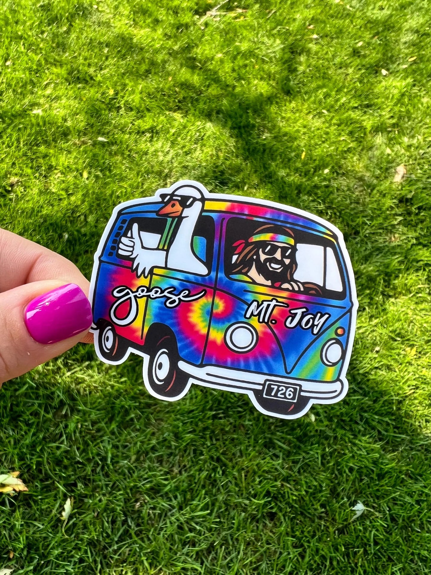 Mt. Joy Goose Tie Dye Hippie Astrovan Hitchhiking Goose Sunglasses Jesus Bandana Wisconsin Vinyl Sticker Slap 2.65" x 2.2" Matte Finish