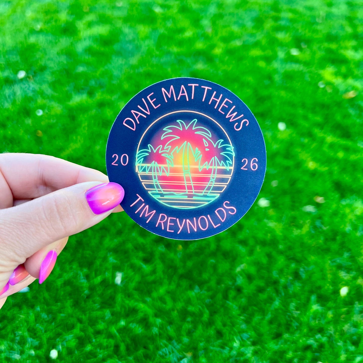 Dave Matthews Tim Reynolds Mexico 2026 Black Red Green Neon Palm Trees Red Yellow Sunset Vinyl Sticker Slap 3" x 3" Matte Finish