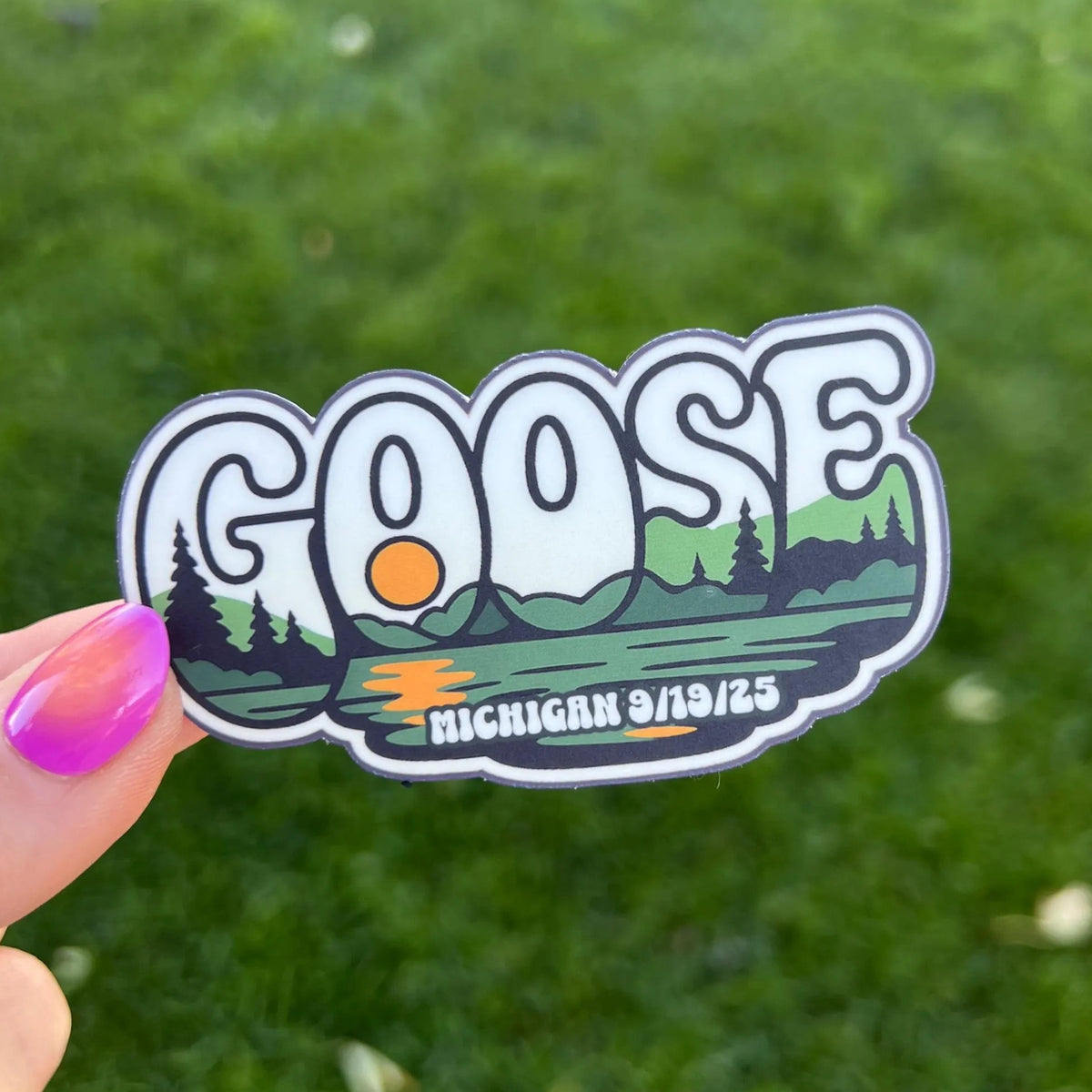 Goose Michigan Green Moutains Trees Lake Yellow Sunset September 19, 2025 Vinyl Sticker Slap 1.7" x 3.2" Matte Finish