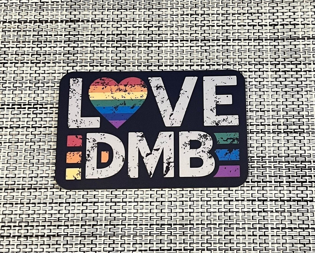 LOVE DMB Rainbow Heart Black Distressed Look Sticker Slap 1.95" x 3" Matte Finish