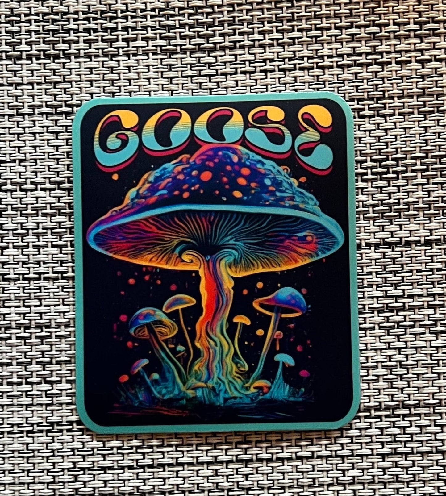 Goose Psychedelic Mushroom Teal Yellow Pink Purple Black Retro Vinyl Sticker Slap 3" x 2.5" Matte Finish