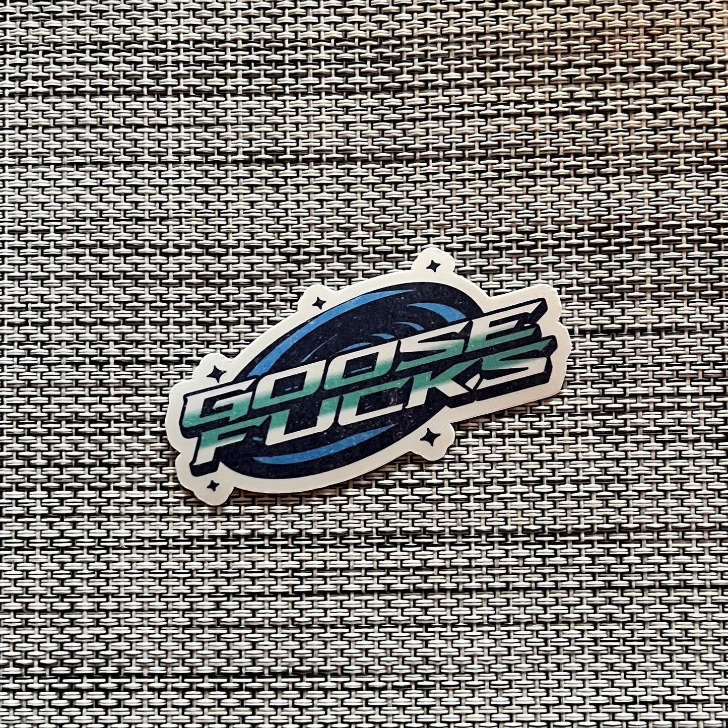 GOOSE FUCKS Blue White Teal Stars Retro Vinyl Sticker Slap 1.55" x 3" Matte Finish