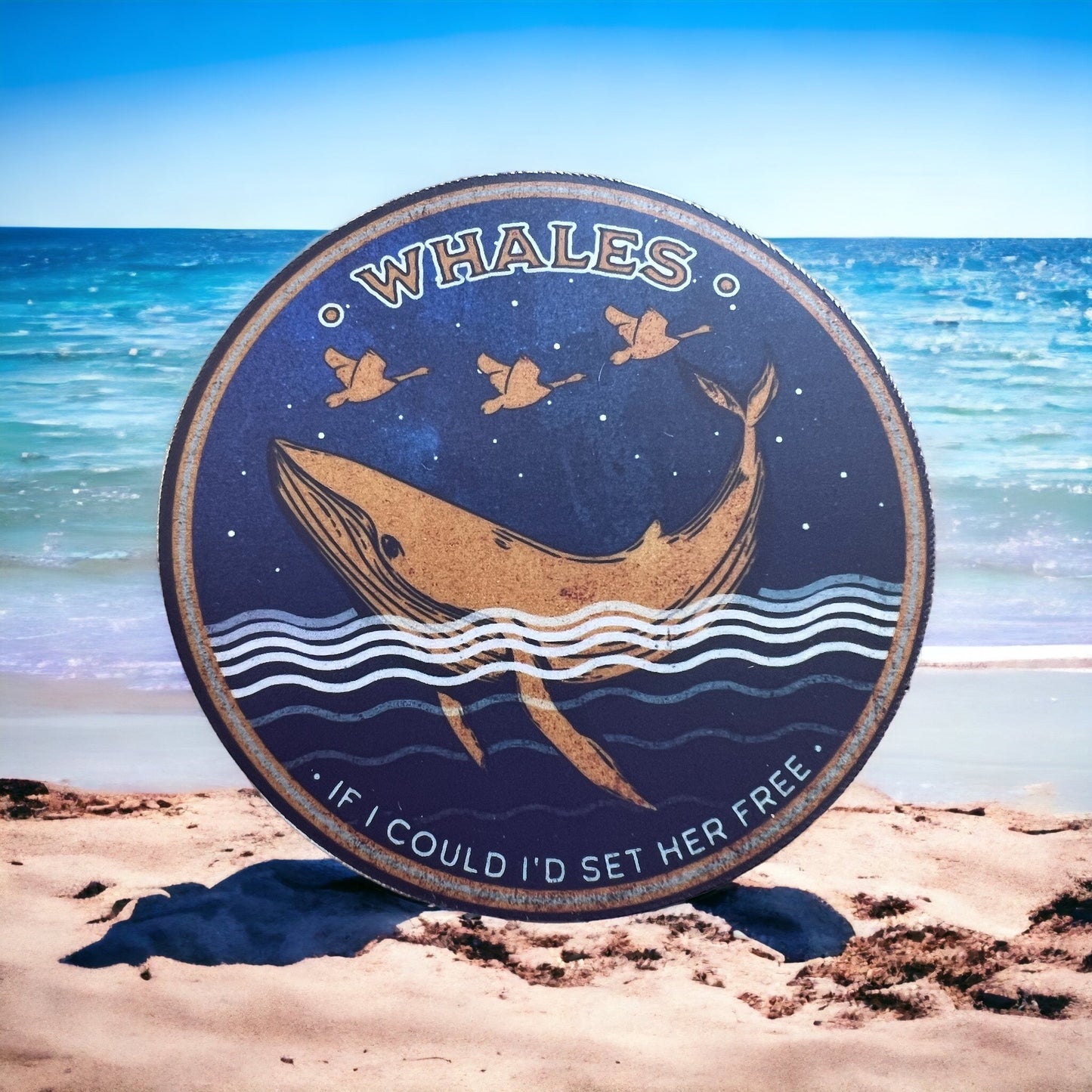Whales If I Could I'd Set Her Free Navy Blue Gold Goose Vinyl Sticker Slap Matte Finish 2.75" x 2.75"