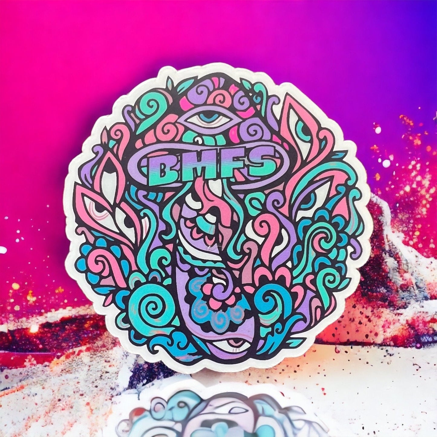 BMFS Purple Pink Teal Blue Mushroom Retro Sticker Slap Matte Finish 2.75" x 2.75"