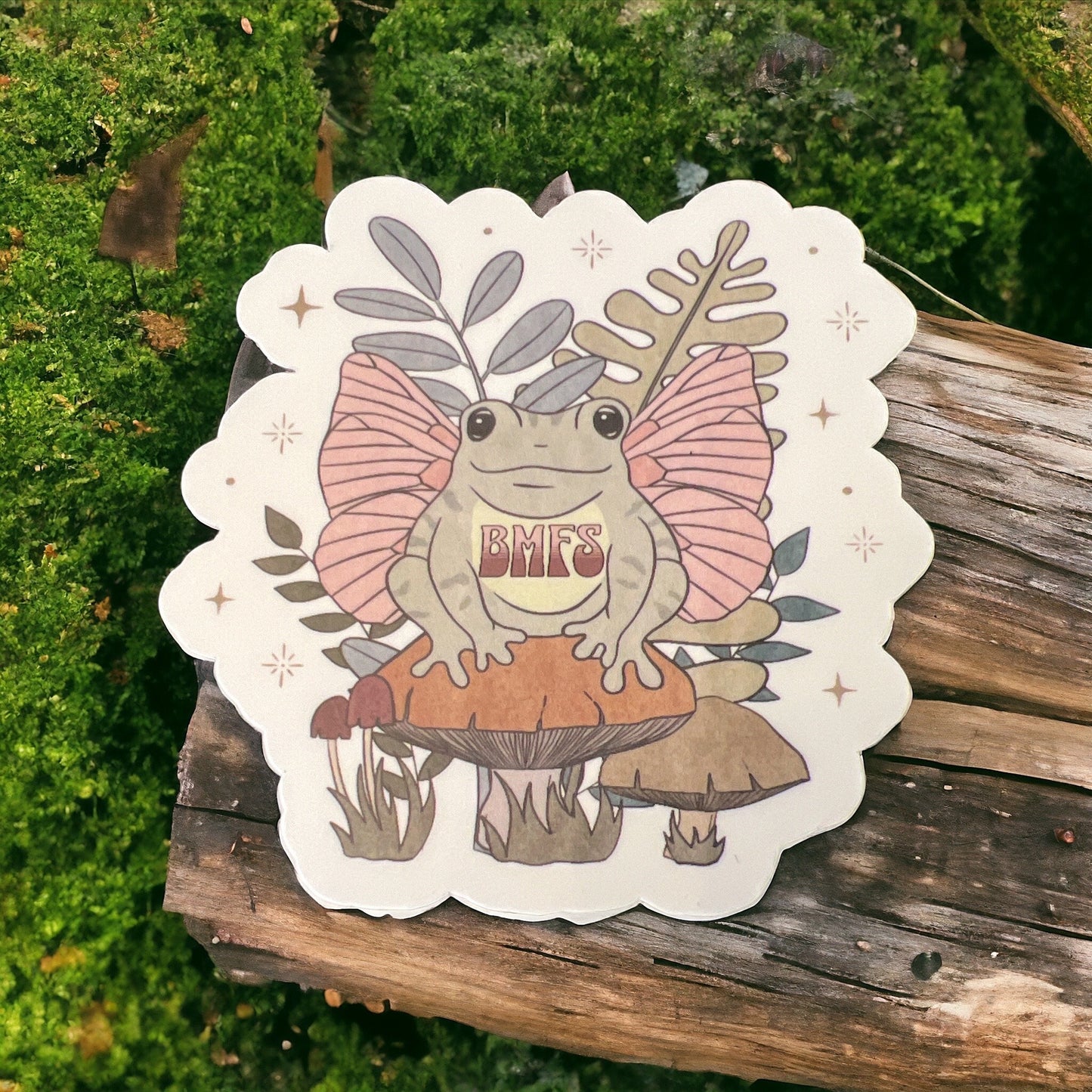 BMFS Green Frog Pink Butterfly Wings Mushroom Retro Sticker Slap Matte Finish 3" x 3"