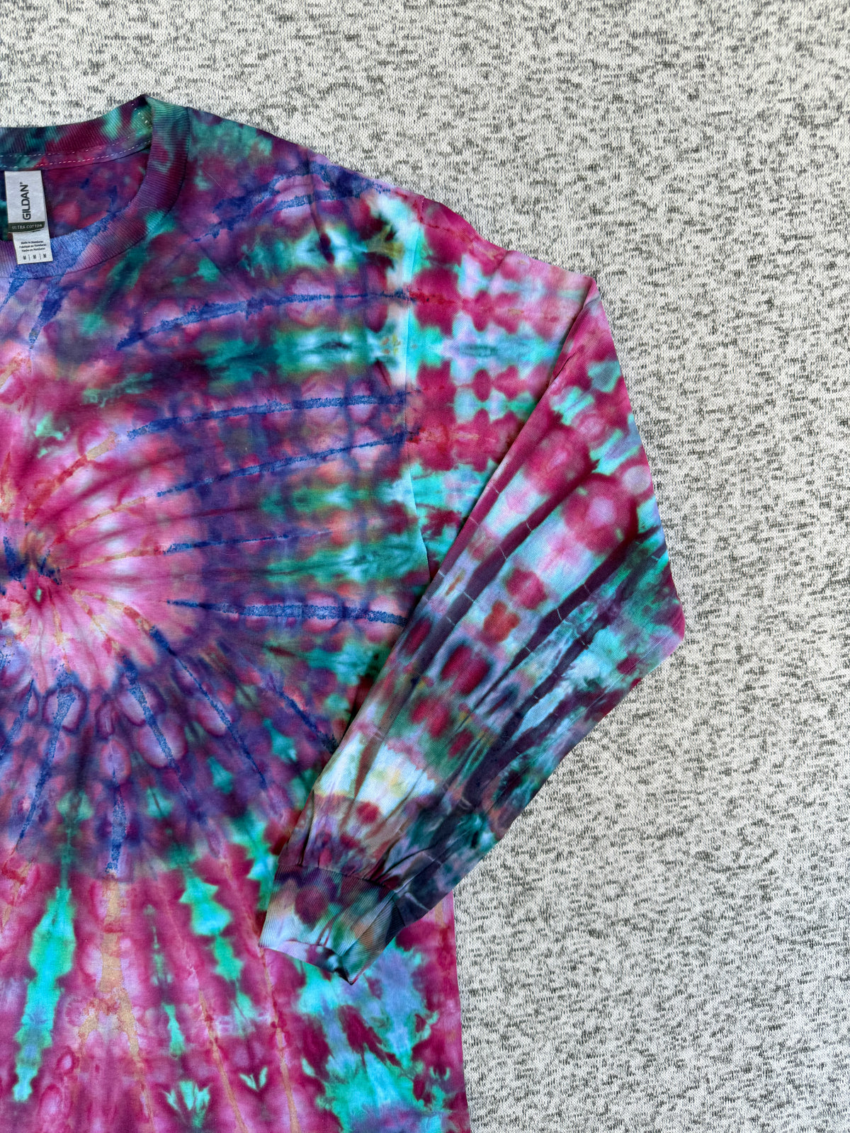 MHD Pink Purple Navy Blue Teal Spiral Ice Dye Tie Dye Long Sleeve Shirt 100% Cotton Size Medium