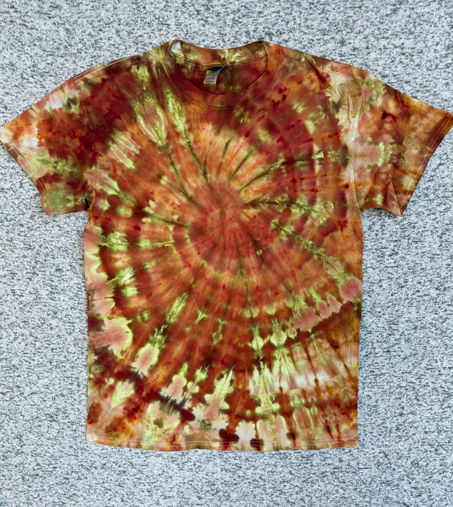 MHD Burnt Orange Yellow Olive Green Spiral Ice Dye Tie Dye Short Sleeve Shirt 100% Cotton Size Medium