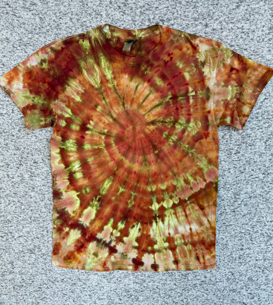 MHD Burnt Orange Yellow Olive Green Spiral Ice Dye Tie Dye Short Sleeve Shirt 100% Cotton Size Medium