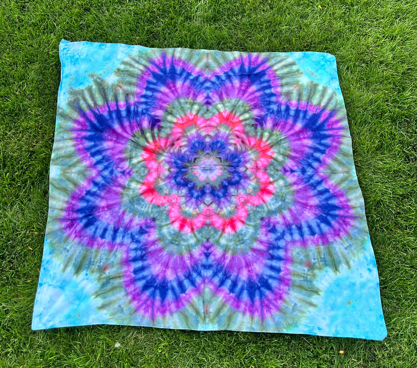 MHD Tie Dye Ice Dye Mandala Flower Light Blue Olive Green Purple Pink Tapestry Psychedelic Wall Hanging Festival Concert Tarp 100% Cotton 59" x 59"